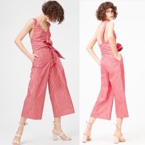 Club Monaco Agrikah Jumpsuit, Size 00, Red and white stripe tie waist cropped